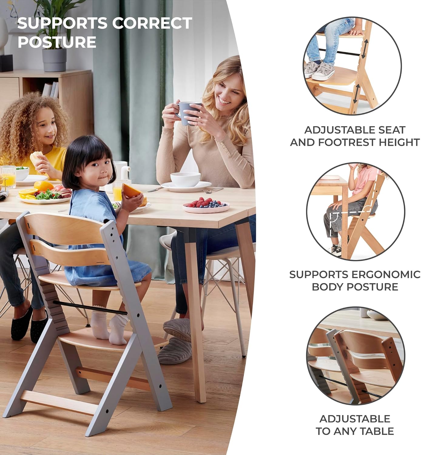 Baby360 GRO 3-in-1 Wooden Highchair – Adjustable Baby to Big Kid Chair (6 Months to 10 Years)