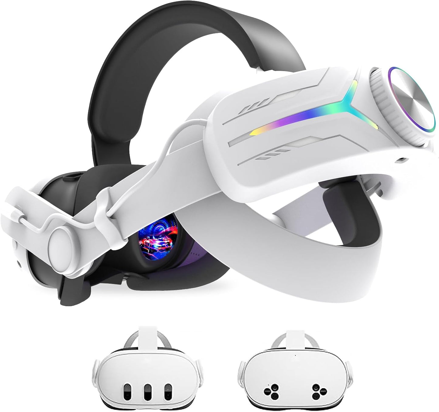 Upgraded RGB Lighted Head Strap with Battery 12000mAh for Meta Quest 3/3s Accessories, Quick Charge for Extended Playtime, to Reduce Facial Stress, Adjustable Elite Strap (White)