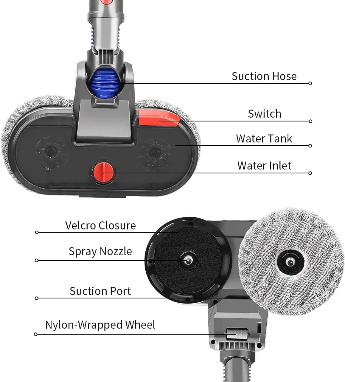 Hygieia Electric Mop Head Attachment for Dyson V7 V8 V10 V11 V15 (SV22) Cordless Vacuum Cleaners, 8X Washable Mop Pads Included, Accessories for Dyson Mop Head