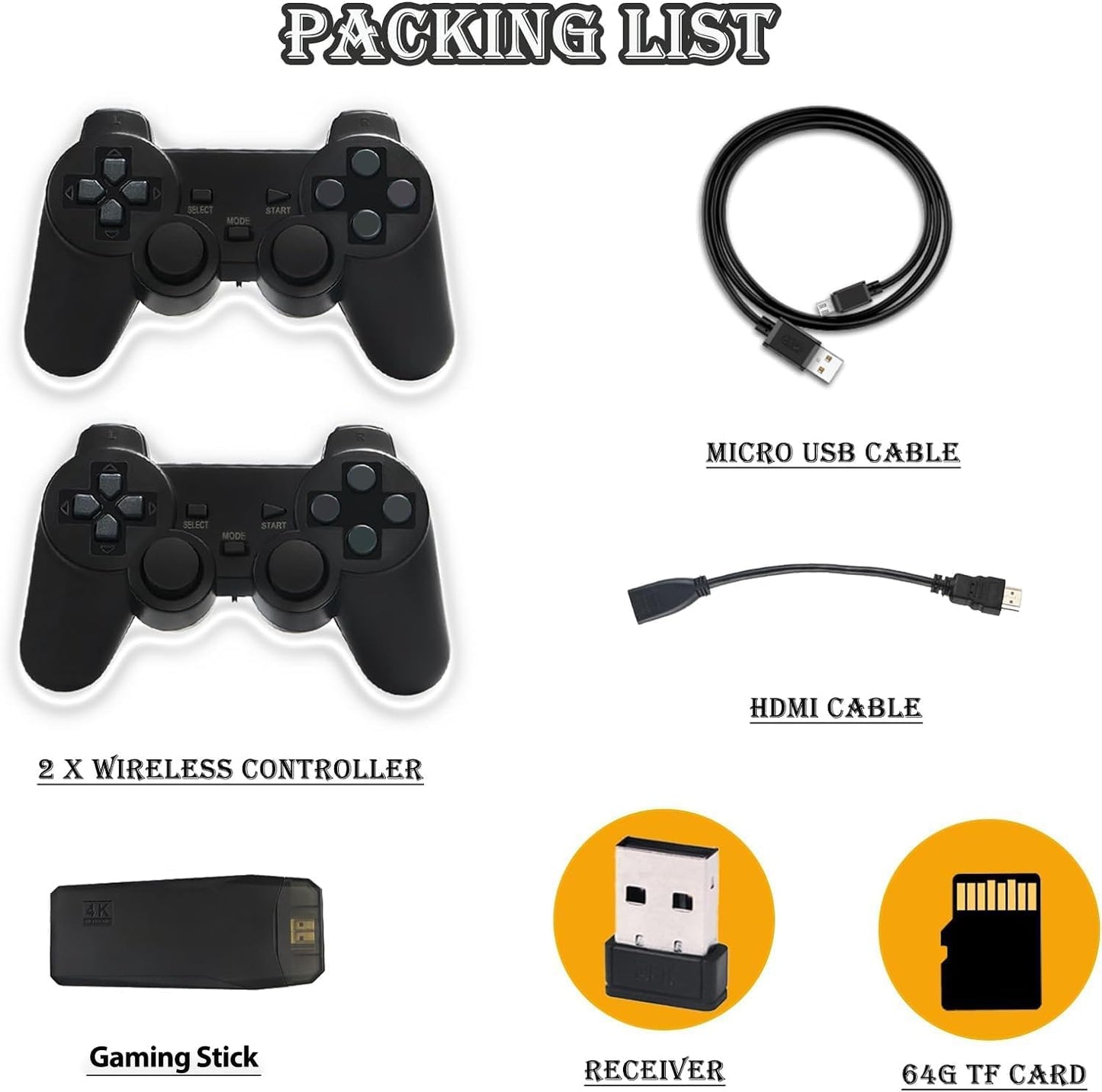 Wireless Retro handheld model Stick Built-in 20000+ Classic Games, 4K HDMI Output Nostalgia Plug & Play Retro Video Gaming Stick with 15 Emulators and Dual 2.4G Wireless Controller(64GB Memory Card)