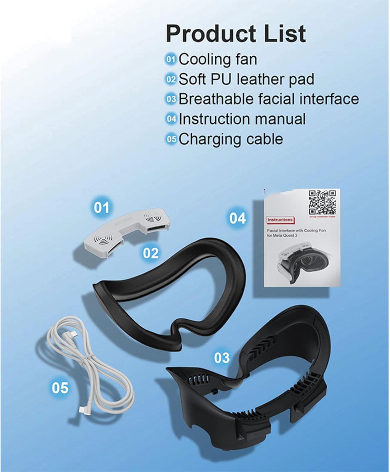 VR Dual Fan Compatible with MetaQuest 3 Air Circulation Fast Removal Anti-Fog Fitness Face Interface Bracket Face Cover Face Pad for Meta Quest 3