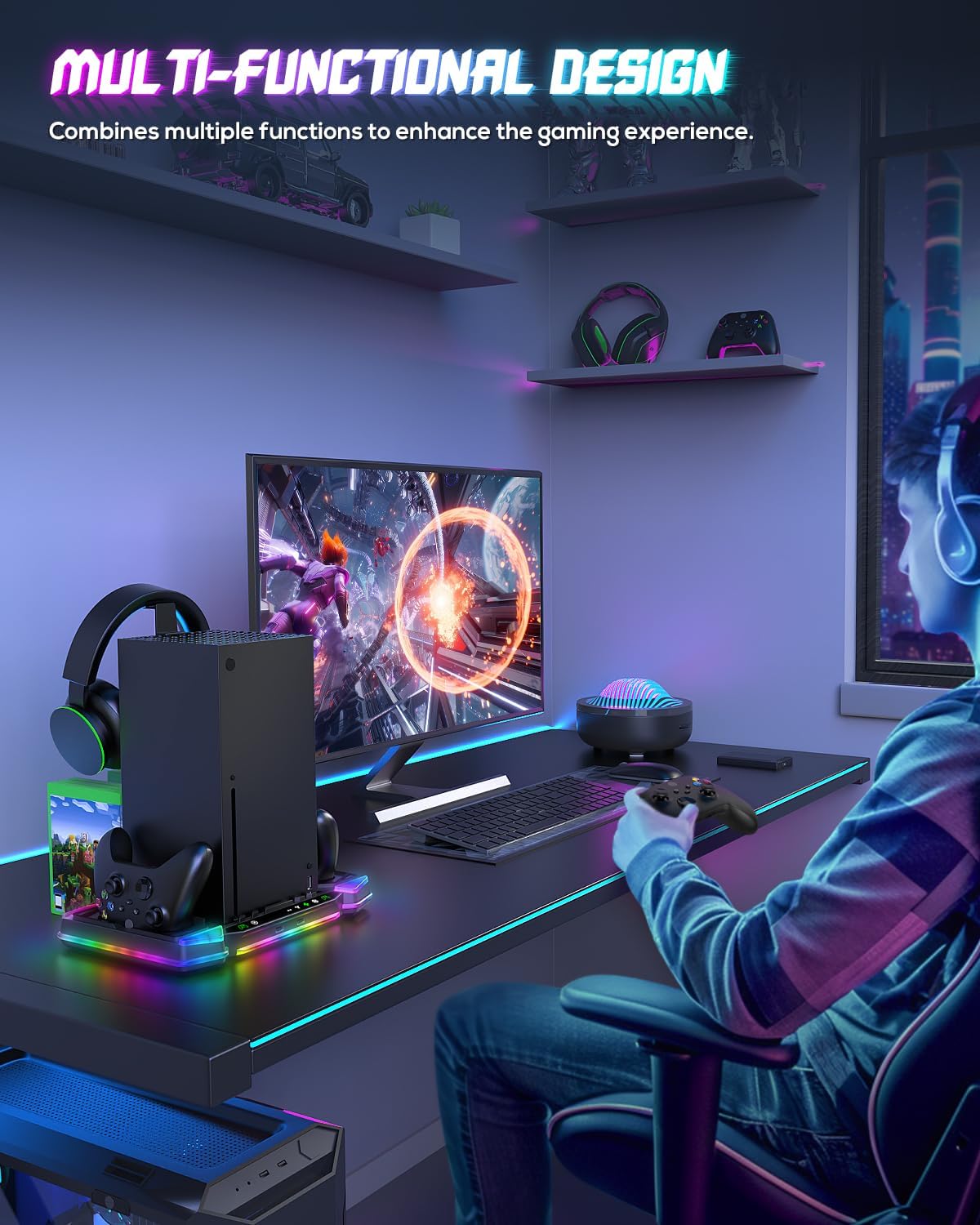 Cooling-Stand-Charging-Station for Xbox Series X Console&Controller, Cooler Fan Charger Dock for Xbox Series X Accessories with 11 RGB Light Modes,2x1400mAh Rechargeable Batteries,Game Storage