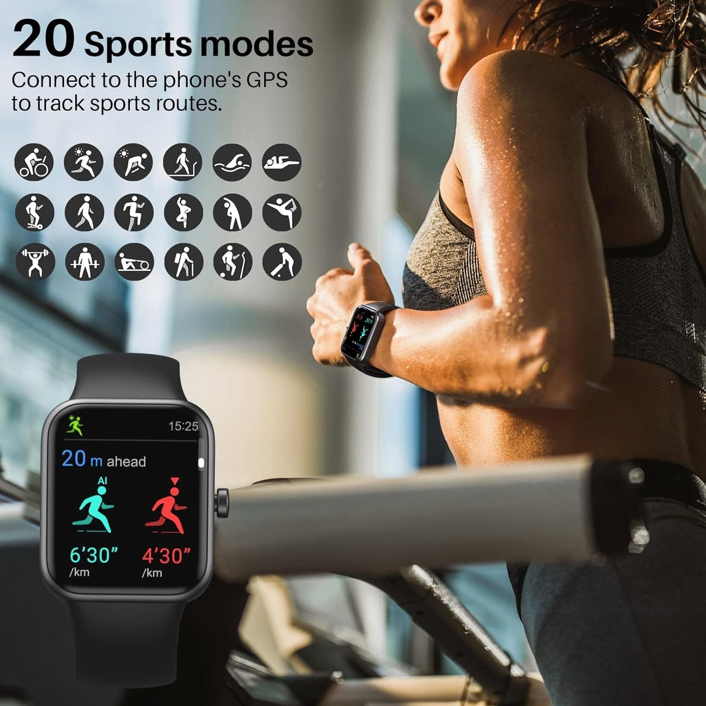 TOZO 44mm Rectangular Face Smart Watch Alexa Built-in Fitness Tracker with Heart Rate/Blood Oxygen Monitor/Sleep Monitor 5ATM Waterproof HD Touchscreen for Men Women Compatible with iPhone&Android