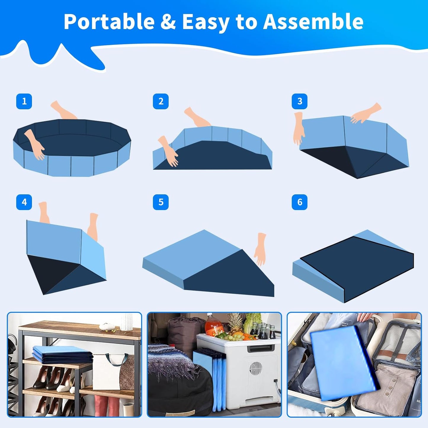 Foldable Dog Pool, Hard Plastic Kids Pool for Toddlers 1-3, 164cm Blue Pet Bathtub, Swimming Pool for Kids, Foldable Kids Pool for Garden, Play Pool for Kids, Dog, Cat