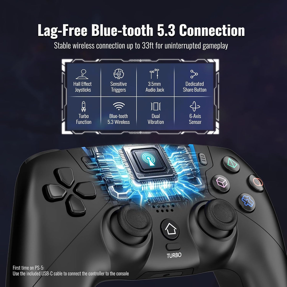 Wireless Game Controller Compatible with PS5, PS5 Pro and PS5 Slim, Hall Effect Joysticks, PC Gaming Gamepad, Ergonomic Design, Black