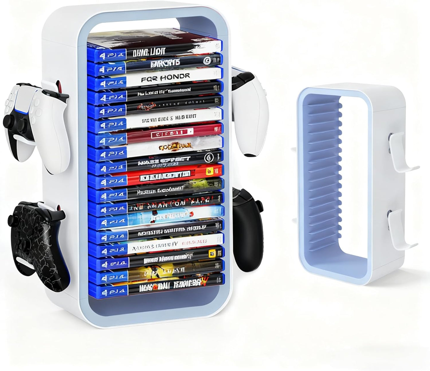 OYO-1【40cm】Game Storage Tower Compatible with PS5/ Xbox Series S & X/Switch, Universal Video Games Discs Organizers 18 PCS with 4 Controllers Holder, Game Disk Box Stand. (Black/Green)