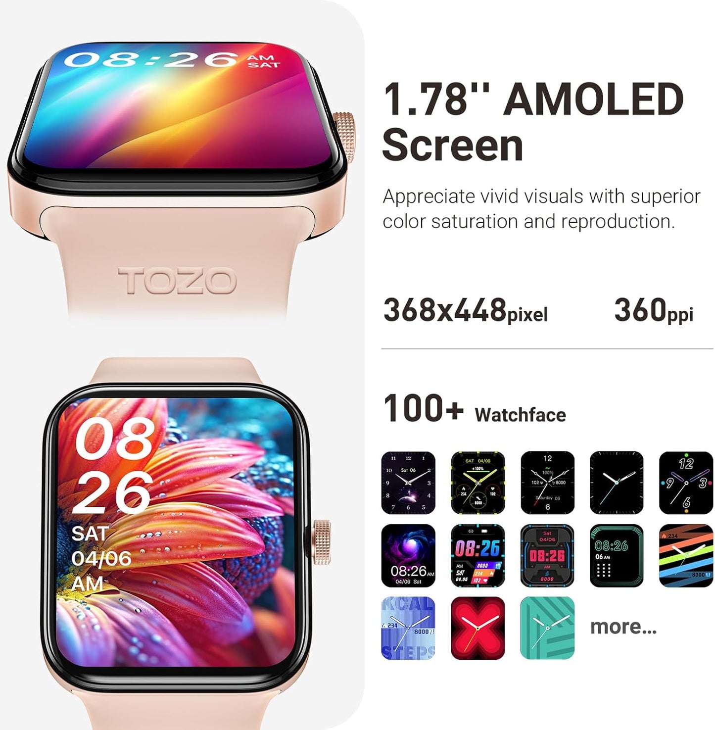 TOZO 44mm Rectangular Face Smart Watch Alexa Built-in Fitness Tracker with Heart Rate/Blood Oxygen Monitor/Sleep Monitor 5ATM Waterproof HD Touchscreen for Men Women Compatible with iPhone&Android
