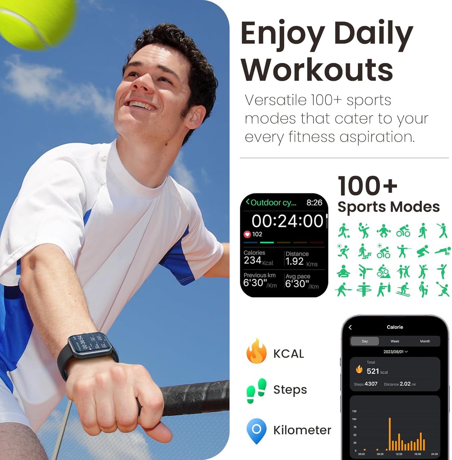 TOZO 44mm Rectangular Face Smart Watch Alexa Built-in Fitness Tracker with Heart Rate/Blood Oxygen Monitor/Sleep Monitor 5ATM Waterproof HD Touchscreen for Men Women Compatible with iPhone&Android
