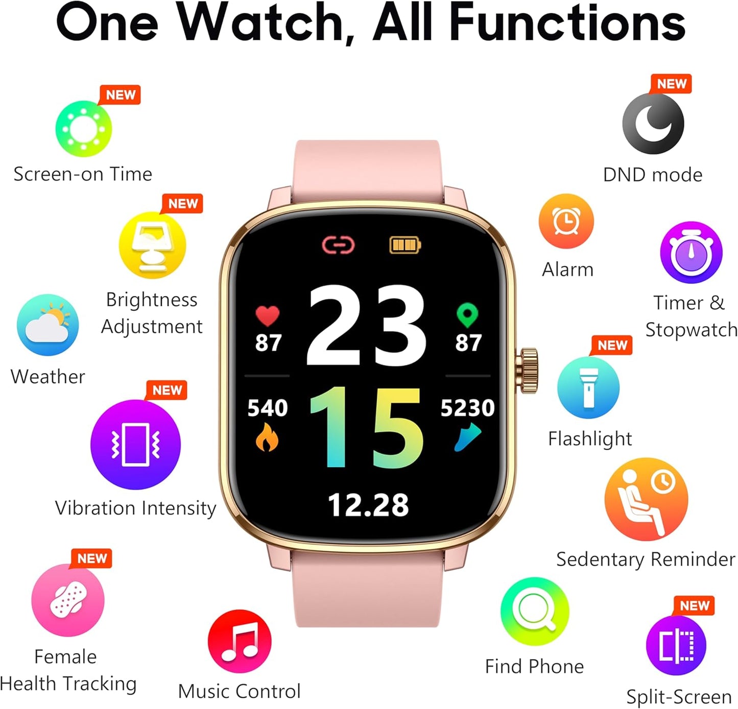Smart Watch for Women Men, Popglory Smartwatch with Blood Pressure, Blood Oxygen, Sleep Monitor, Fitness Tracker with Heart Rate Tracking/Pedometer/Calories, Full Touch Fitness Watch for Android iOS