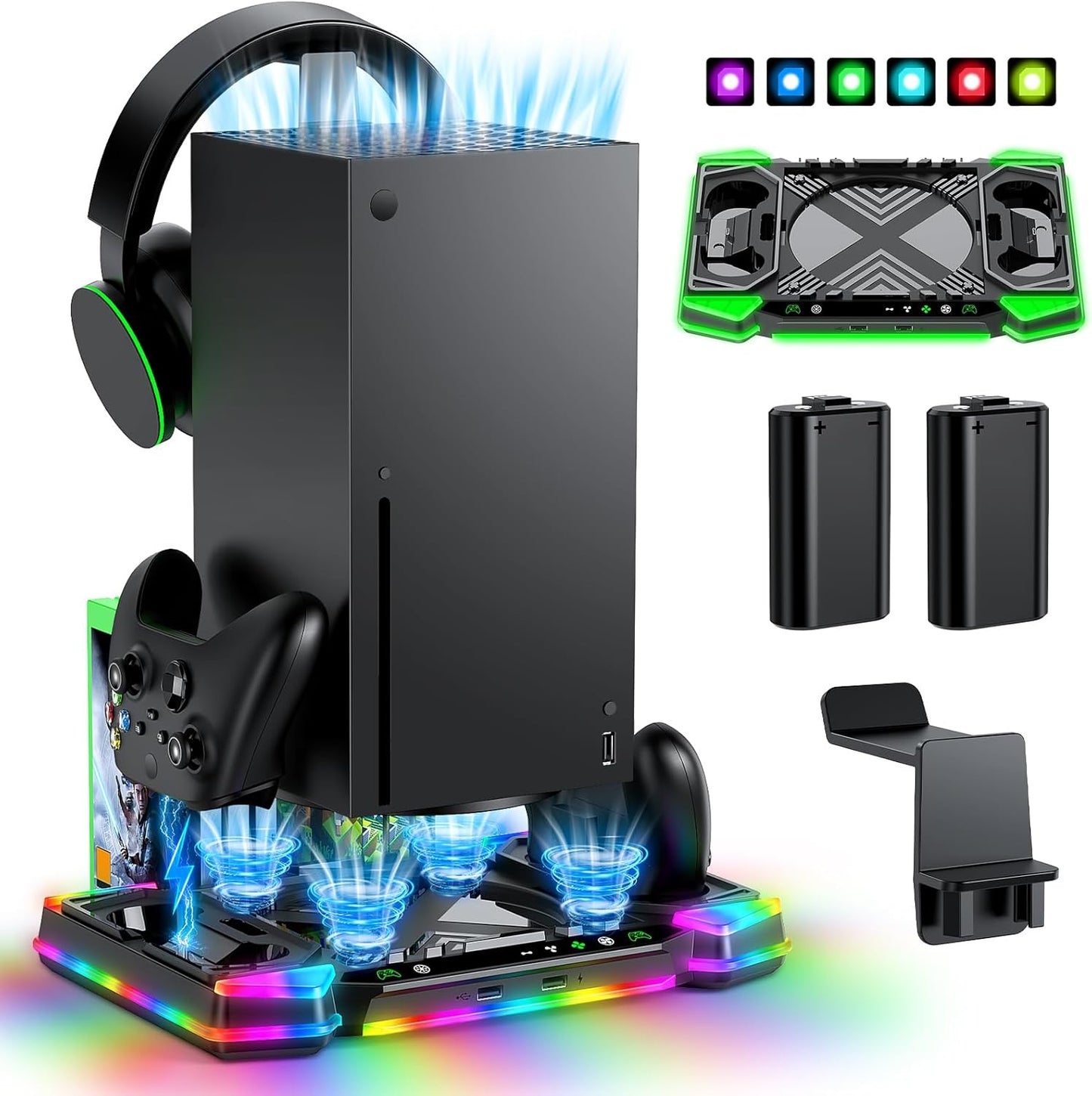 MENEEA Upgraded Charger-Stand Cooling-Fan for Xbox Series X, Dual Wireless Charger Dock Cooler System for Xbox Controller& Console,Accessories with 11 RGB Light Modes,2x1400mAh Rechargeable Batteries