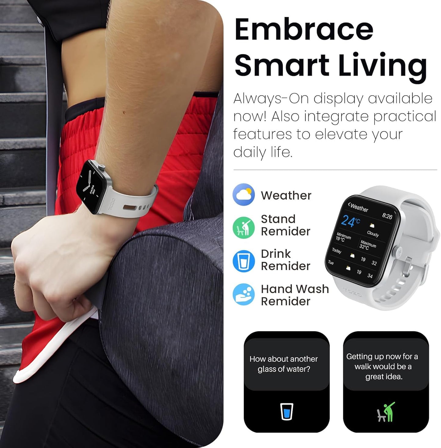 TOZO 44mm Rectangular Face Smart Watch Alexa Built-in Fitness Tracker with Heart Rate/Blood Oxygen Monitor/Sleep Monitor 5ATM Waterproof HD Touchscreen for Men Women Compatible with iPhone&Android
