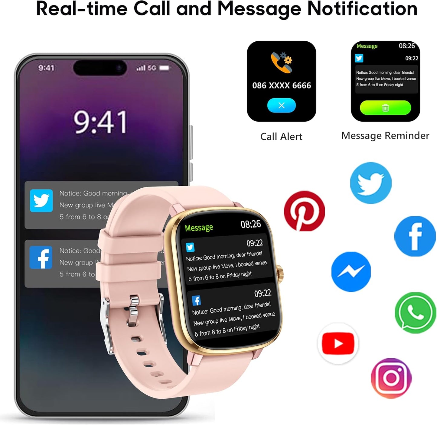 Smart Watch for Women Men, Popglory Smartwatch with Blood Pressure, Blood Oxygen, Sleep Monitor, Fitness Tracker with Heart Rate Tracking/Pedometer/Calories, Full Touch Fitness Watch for Android iOS