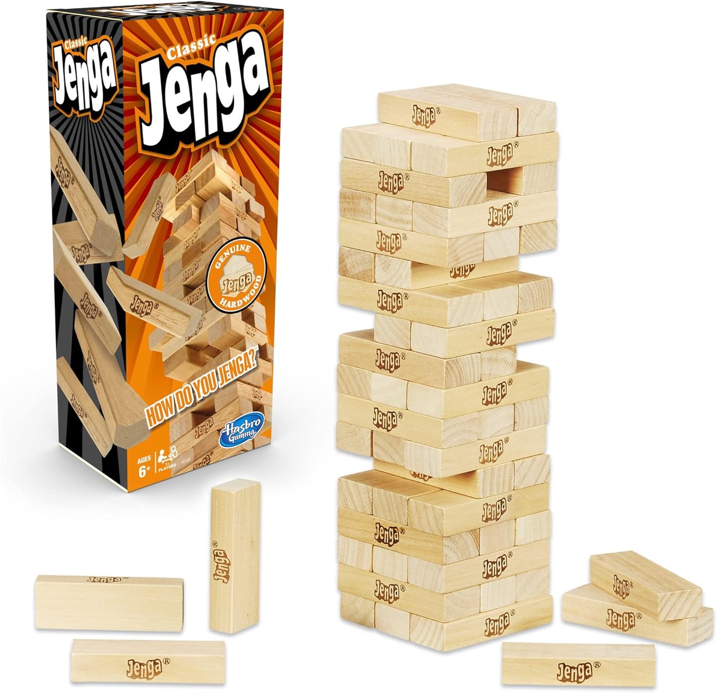Jenga Game - Classic Strategy Games with Wooden Blocks - 1 or More Players - Board Games - Ages 6+