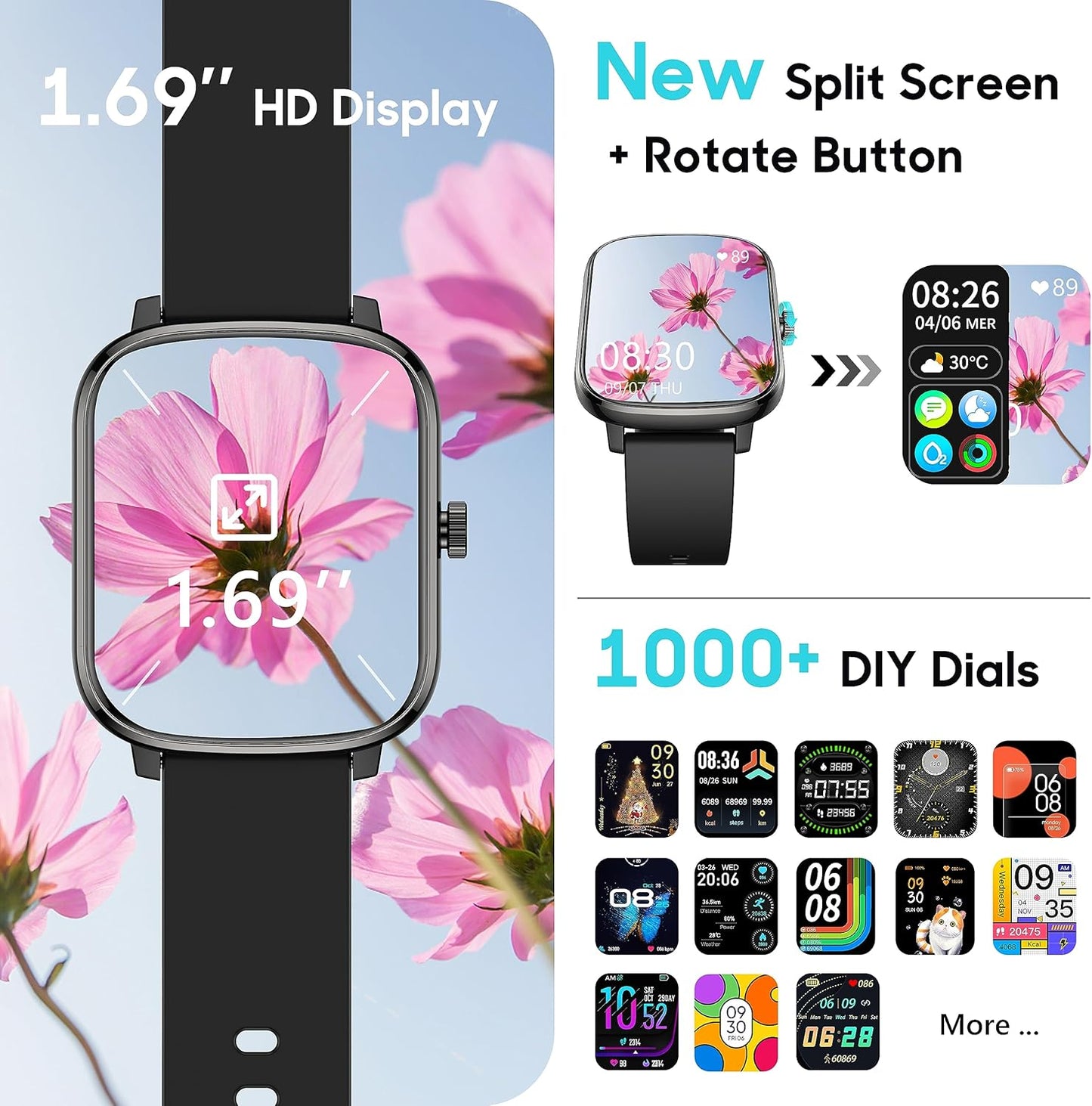 Smart Watch for Women Men, Popglory Smartwatch with Blood Pressure, Blood Oxygen, Sleep Monitor, Fitness Tracker with Heart Rate Tracking/Pedometer/Calories, Full Touch Fitness Watch for Android iOS