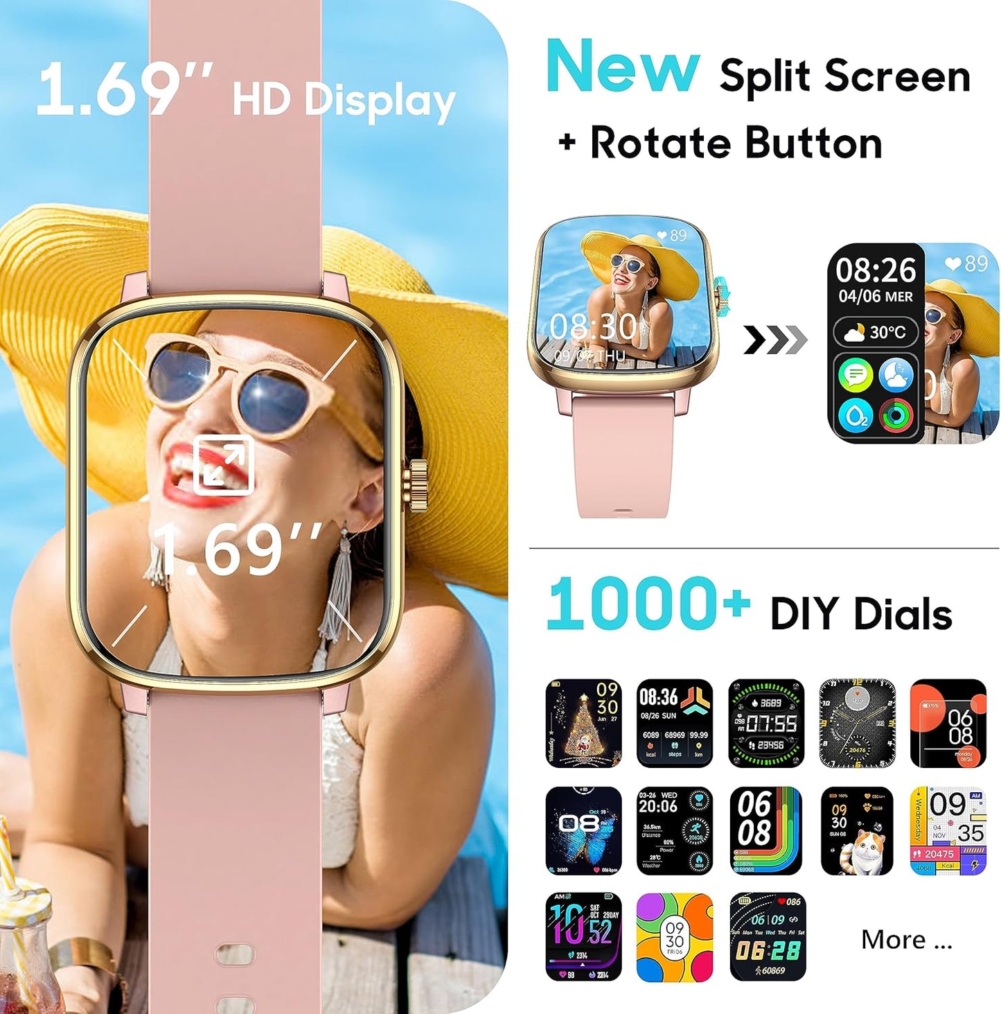 Smart Watch for Women Men, Popglory Smartwatch with Blood Pressure, Blood Oxygen, Sleep Monitor, Fitness Tracker with Heart Rate Tracking/Pedometer/Calories, Full Touch Fitness Watch for Android iOS