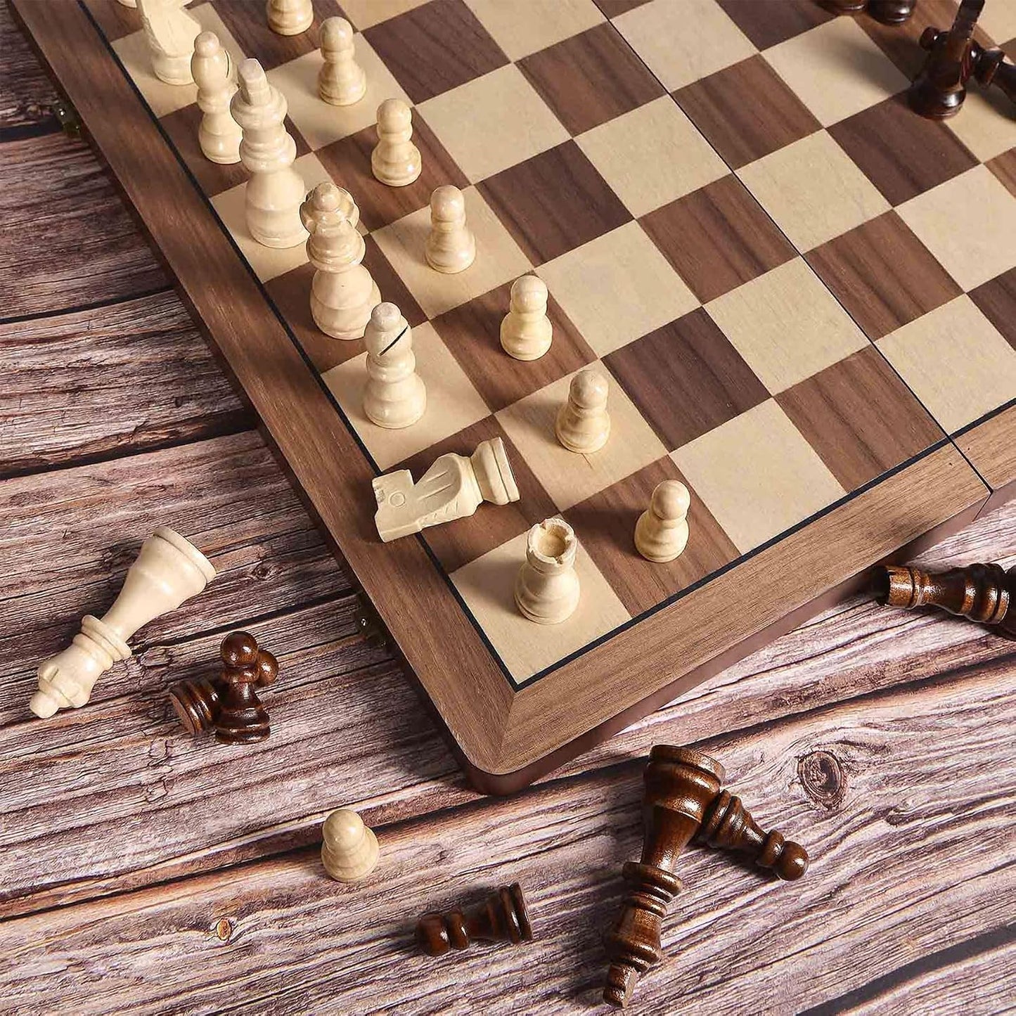 15 Inch Wooden Chess Set with Magnetic Pieces, Folding Chess Board, Extra Queens, Portable Travel Tournament Chess Game for Adults & Kids