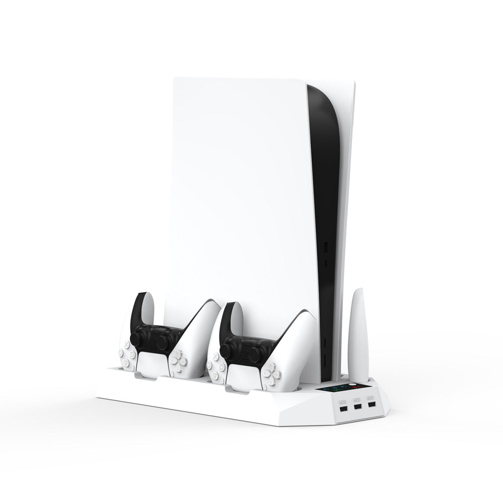 "PS5 Cooling Stand with Dual Controller Charger | Multi-Function Cooling Base for PlayStation 5 Digital/Disc Edition | 8.1×1.7×14.9in | Type-C Fast Charging | Includes Headset Hook & Tools (White/Black)"