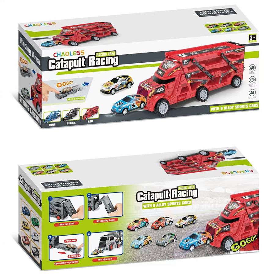 Transformable launching toy car set; folding transport truck for storage; magnetic car for boys