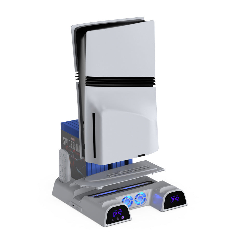"PS5/Slim/Pro Universal Cooling Stand with Blue LED Charger & Game Storage | Multi-Functional Cooling Base for PlayStation 5 All Models | 10.8×11.6×2.5in | Type-C Controller Charging | Disc Holder (Black)"