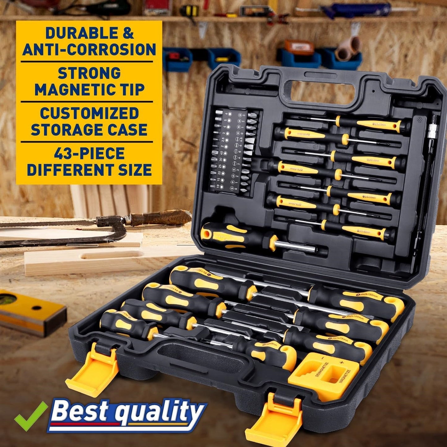 43pcs Steel Magnetic Screwdrivers Set, Black And Yellow, with Case, Slotted Hex Torx Bits Precision Screwdriver Rod Set, Professional, Durable