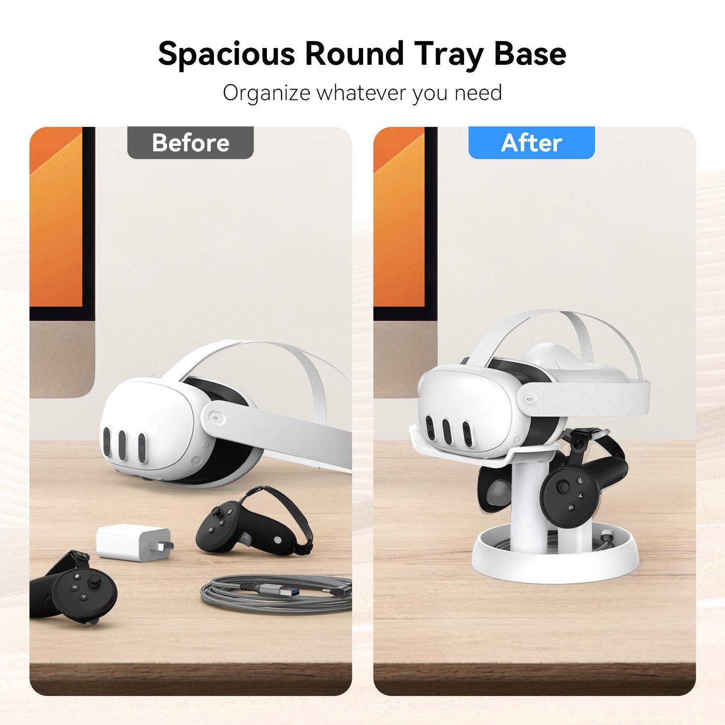 AMVR Universal VR Headset Stand for Apple Vision Pro, Meta Quest 3 & Pico 4 | 3-in-1 Display Dock & Storage Holder | VR Accessories Organiser with Controller Grips | Premium VR Display Stand