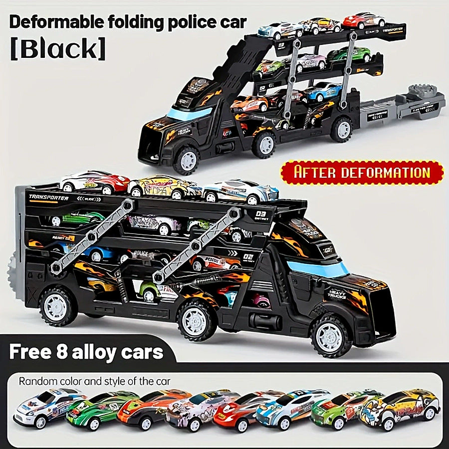 Transformable launching toy car set; folding transport truck for storage; magnetic car for boys