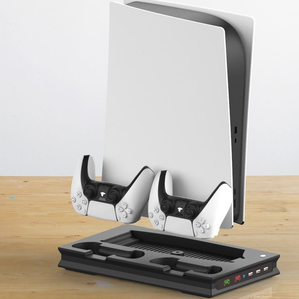 "PS5 Cooling Stand with LED Charging Dock | Multi-Functional Cooling Fan Base for PS5 Digital/Disc Edition | 7.87×1.81×12.99in | Magnetic RGB Cooling System | Includes 4 Magnetic Heads (White/Black)"