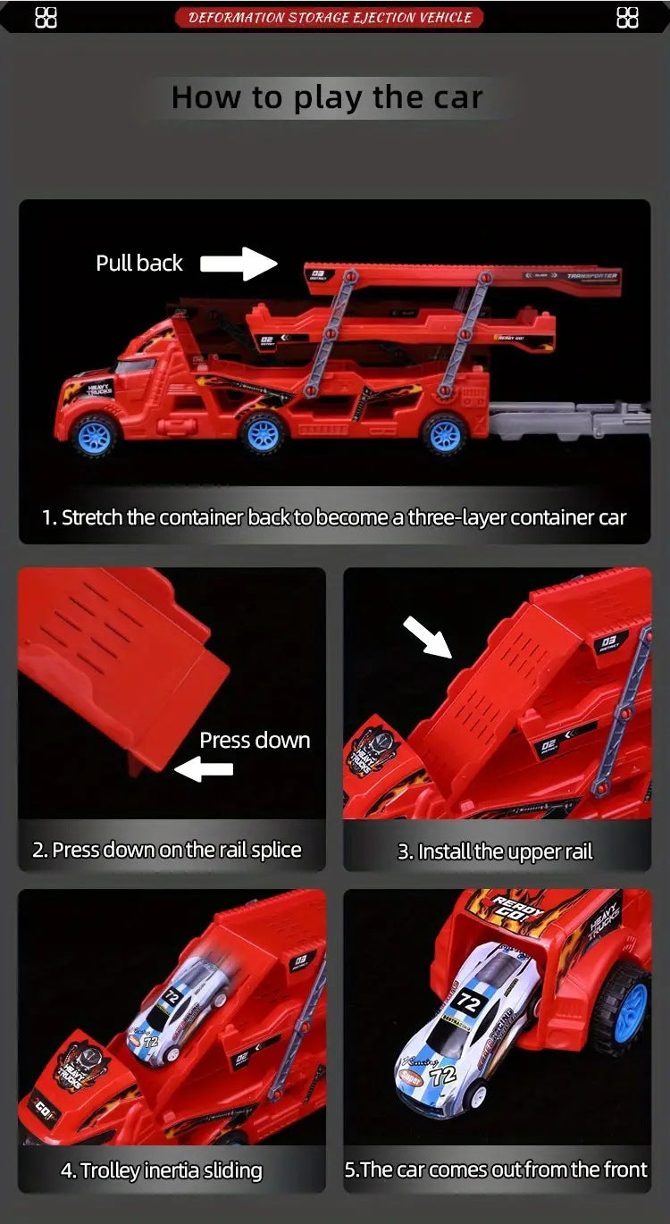 Transformable launching toy car set; folding transport truck for storage; magnetic car for boys