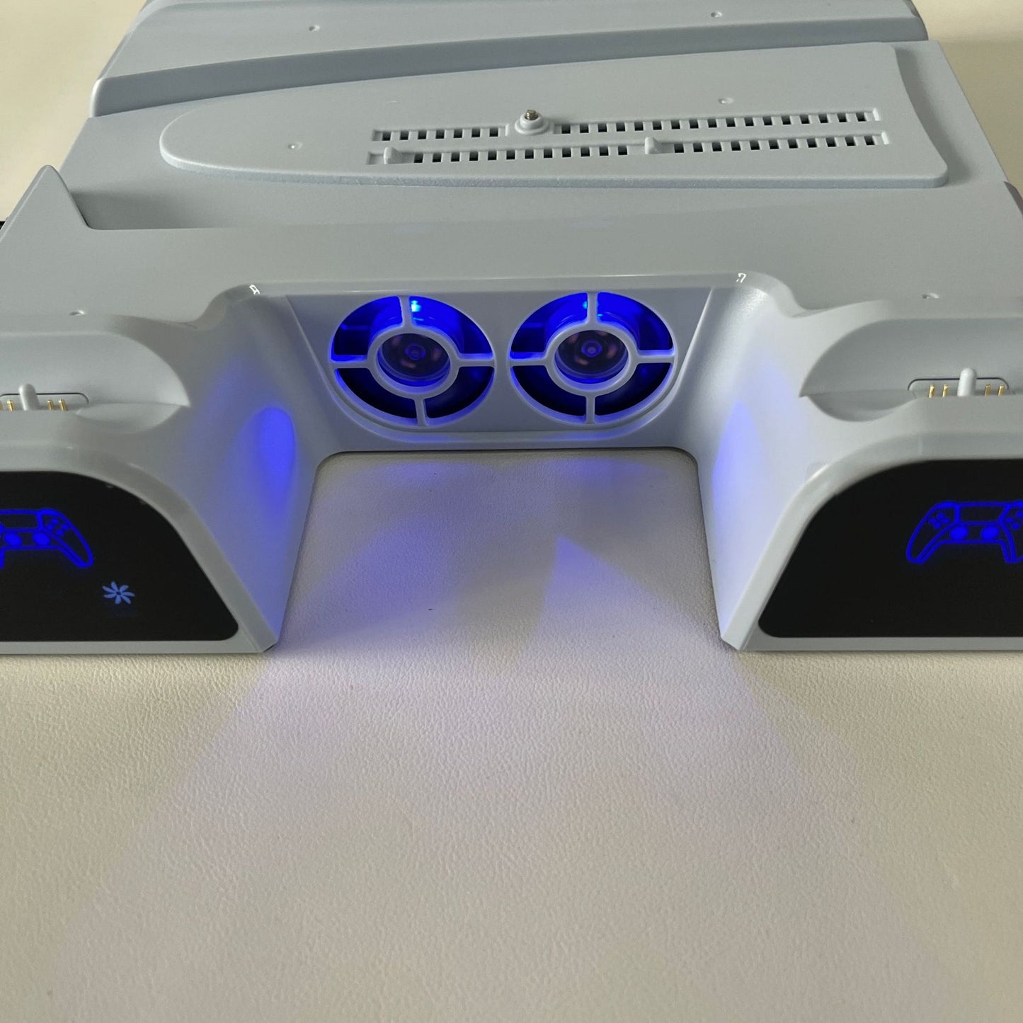 PS5/Slim/Pro Universal Cooling Stand with Blue LED Charger & Game Storage | Multi-Functional Cooling Base for PlayStation 5 All Models | 10.8×11.6×2.5in | Type-C Controller Charging | Disc Holder (Black)