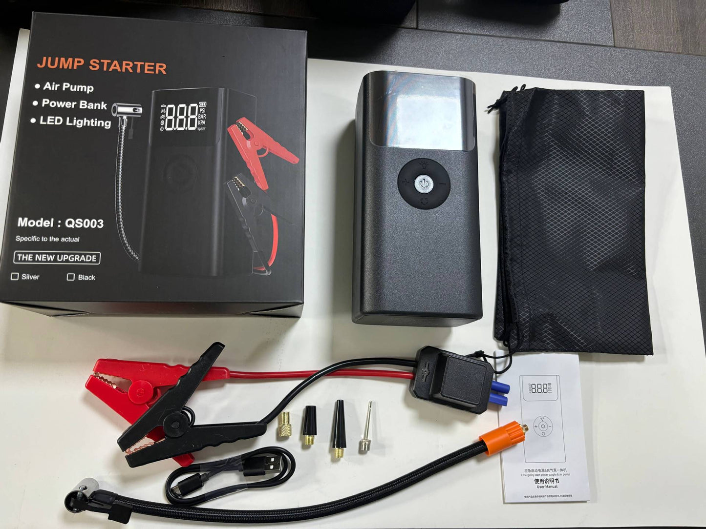 Portable tyre inflator and starter set (petrol/diesel dual fuel) - USB rechargeable, LED light, digital display, clamps, hoses and accessories for cars, motorbikes, bicycles