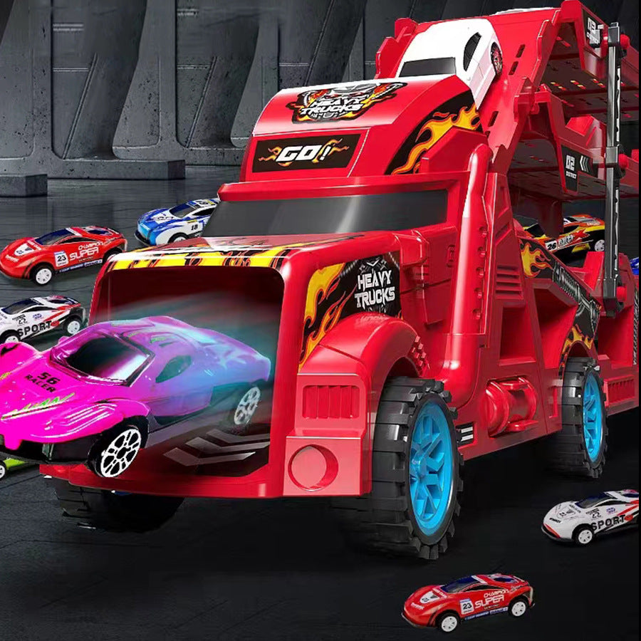 Transformable launching toy car set; folding transport truck for storage; magnetic car for boys