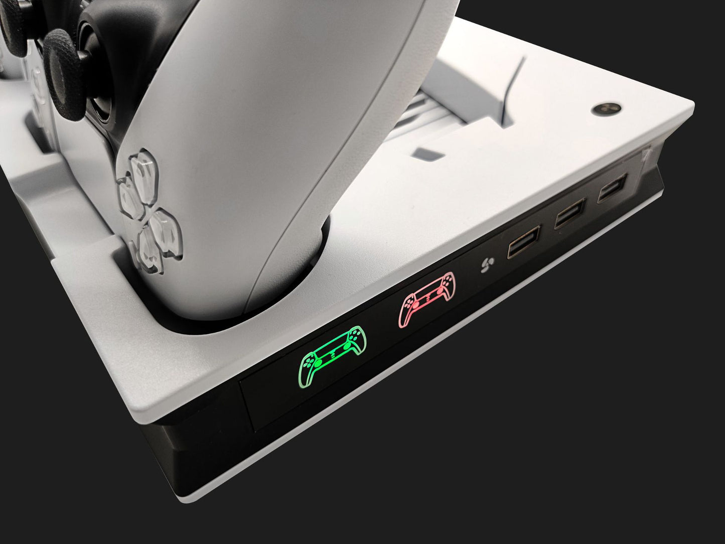 "PS5 Cooling Stand with LED Charging Dock | Multi-Functional Cooling Fan Base for PS5 Digital/Disc Edition | 7.87×1.81×12.99in | Magnetic RGB Cooling System | Includes 4 Magnetic Heads (White/Black)"