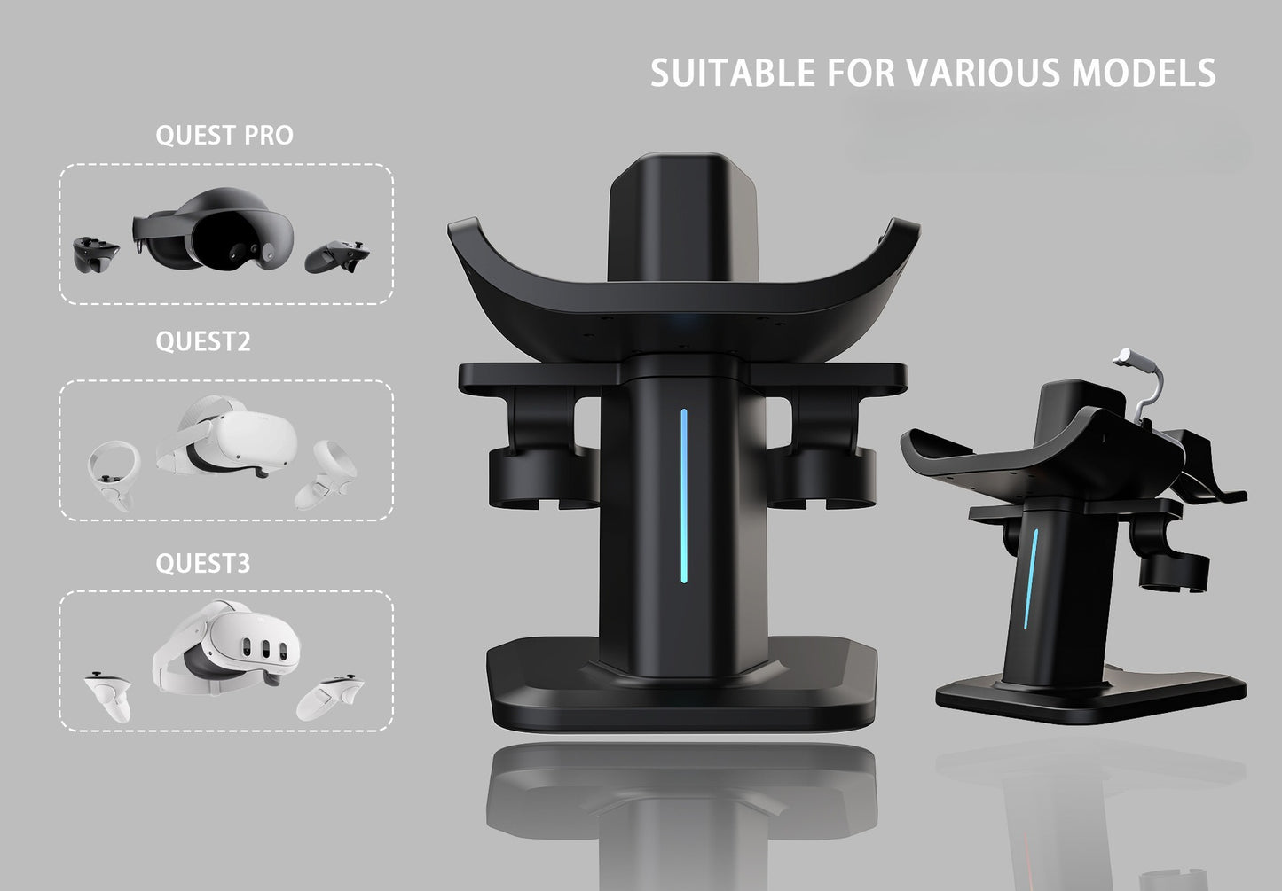 Meta Quest 3/3S & Vision Pro Charging Station Dock with RGB Lights | All-in-One Display Stand with Controller Holder & Sync Charge | VR Headset Accessories Organiser with Cool Lighting Effects