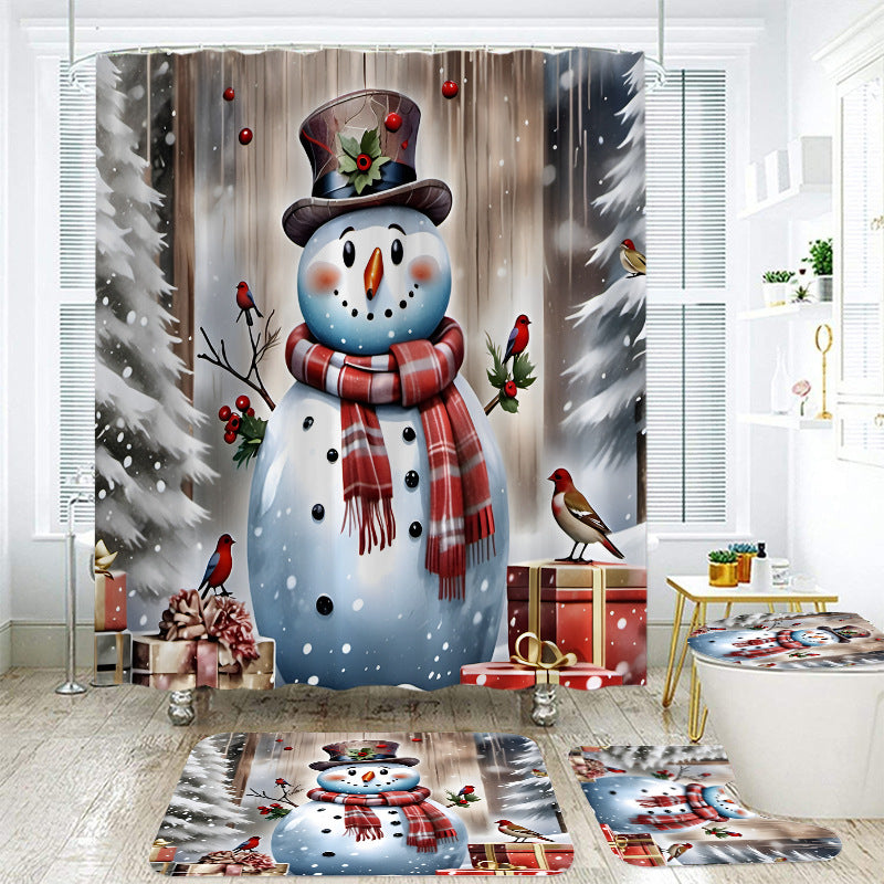 Christmas Santa Claus Waterproof 3D Printed Shower Curtain and Bathroom Mat Set – 4-Piece Holiday Bathroom Decor Set with Non-Slip U-Shaped Mat, Toilet Lid Cover, and Rug
