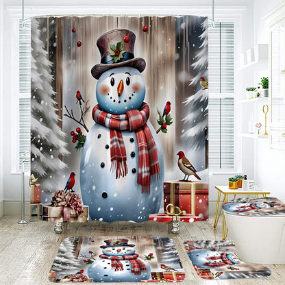 Christmas Santa Claus Waterproof 3D Printed Shower Curtain and Bathroom Mat Set – 4-Piece Holiday Bathroom Decor Set with Non-Slip U-Shaped Mat, Toilet Lid Cover, and Rug
