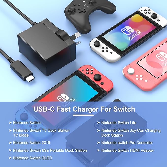 Switch Charger 45W USB C Fast Charging with 1.5M Cord, AC Adapter Compatible with Nintendo Switch Lite/Switch OLED/Steam Deck/PlayStation Portal (Australian Plug)