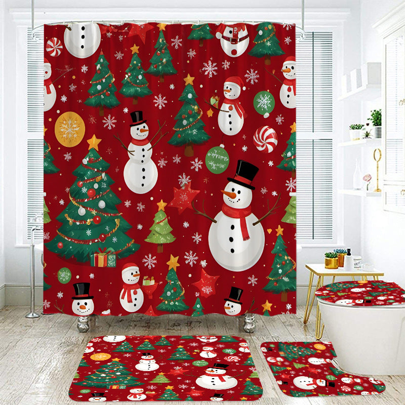 Christmas Santa Claus Waterproof 3D Printed Shower Curtain and Bathroom Mat Set – 4-Piece Holiday Bathroom Decor Set with Non-Slip U-Shaped Mat, Toilet Lid Cover, and Rug