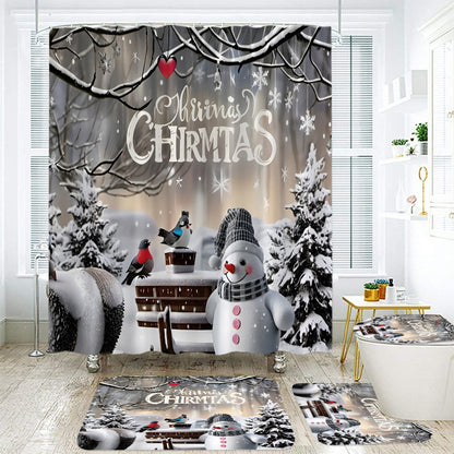 Christmas Santa Claus Waterproof 3D Printed Shower Curtain and Bathroom Mat Set – 4-Piece Holiday Bathroom Decor Set with Non-Slip U-Shaped Mat, Toilet Lid Cover, and Rug