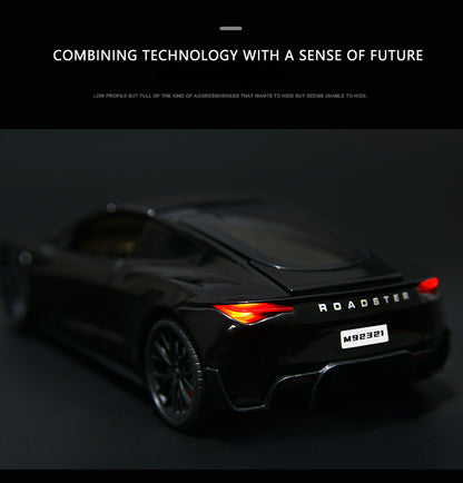 Tesla Roadster 1:24 Scale Die-Cast Alloy Car Model – Pull-Back & Sound/Light Effects, Music Playback, Collectible Electric Supercar Toy for Kids & Adults