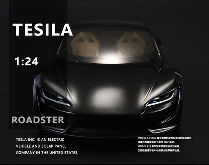Tesla Roadster 1:24 Scale Die-Cast Alloy Car Model – Pull-Back & Sound/Light Effects, Music Playback, Collectible Electric Supercar Toy for Kids & Adults