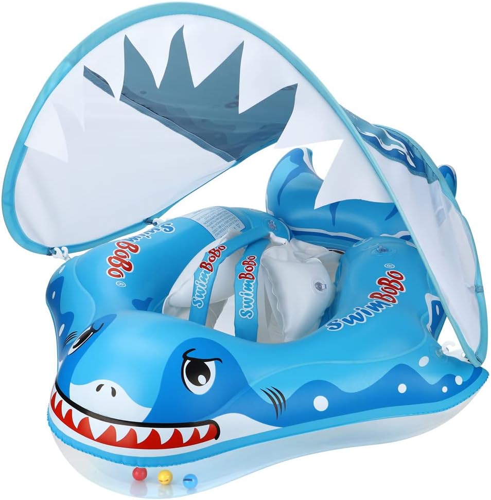Kids Swimming Pool Float with Removable UPF 50+ Sun Protection Canopy, Infant Toddler Inflatable Swimming Rings for Age of 12-24 Months, Boys Girls Swimming Trainer
