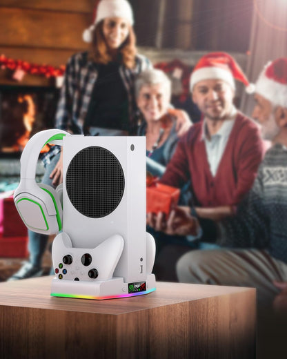 Cooling Stand & Charging Station for Xbox Series S with RGB Light Strip,Dual Controller Charger & Cooler Fan for XSS Console Accessories with 2*1400mAH Rechargeable Battery Pack,1*Headphone Hook,White