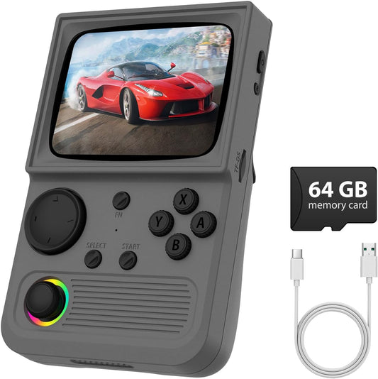 R36T Retro handheld model, 3.5'' IPS Screen CRT-Inspired, handheld model with 18000+ Classic Games Supports WiFi Networked Fighting and OTG, 3500mAh Battery, with Portable Case(Grey 64GB)