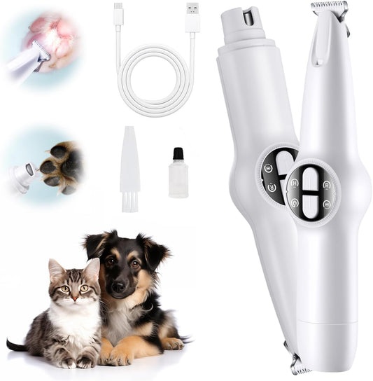 2 in 1 Dog Clippers Grooming Kit, USB Rechargeable Dog Paw Trimmer Low Noise LED Light Pet Nail Trimmers,Cordless Dogs Nail Grinder with 3 mode for Dogs Cats,Pet Hair Trimmer for dogs Paws Eyes Ears