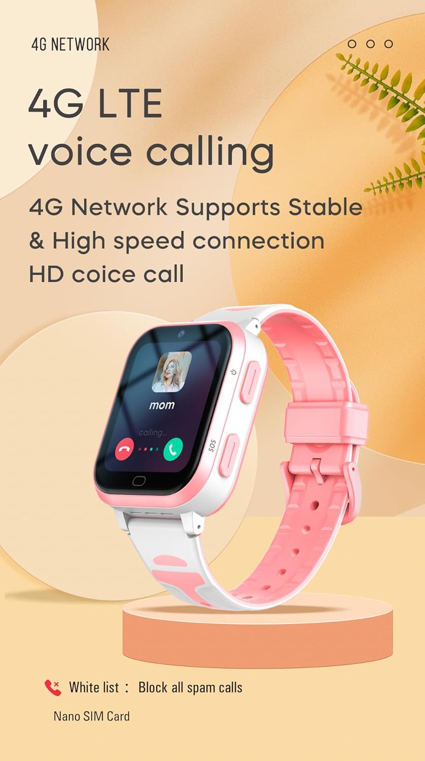 Kids 4G GPS Smart Watch Whatsapp Chat Phone Tracker Smartwatch Worldwide Real-time Tracking Video Call Voice Message Camera SOS Alarm Geo-Fence Pedometer Anti-Lost for 3-15 Boys Girls Gift Pink