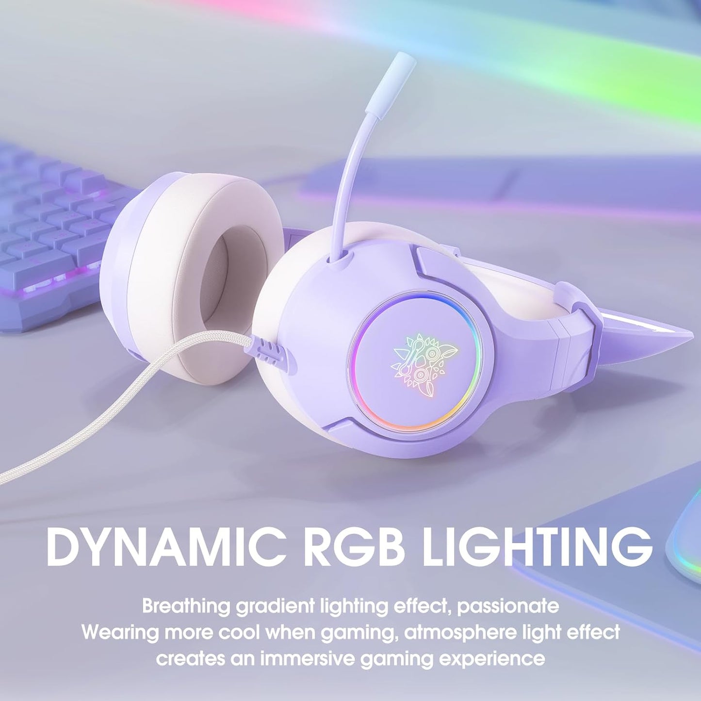 Gaming Headset for PS4, PS5, Cat Ear Headphones with Retractable Microphone, RGB Backlight, Surround Sound for PC, Mobile Phone, Gradient Pink Blue