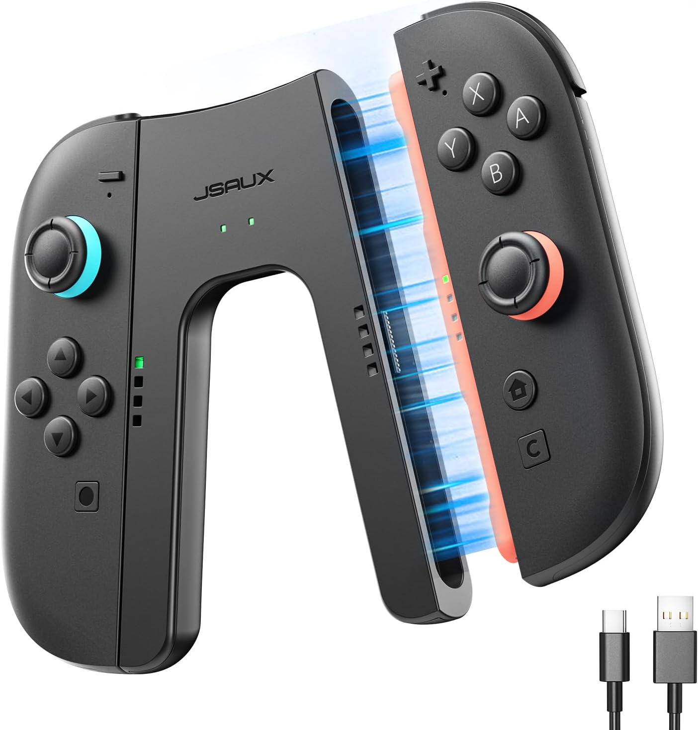 JSAUX Switch 2 Charging Grip for Nintendo Switch 2, snap-fit Grip Controller Compatible with Switch 2 Joycons, Play While Charging with LED Indicator& 1.5m/4.9ft Charger Cable-Black