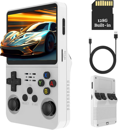 R36s 3.5 Inch Retro handheld model, 21000+ Games Retro handheld model, Video handheld model with Dual Stylem Linux/Garlic Supports & Dual 3D Joysticks 128G (White)