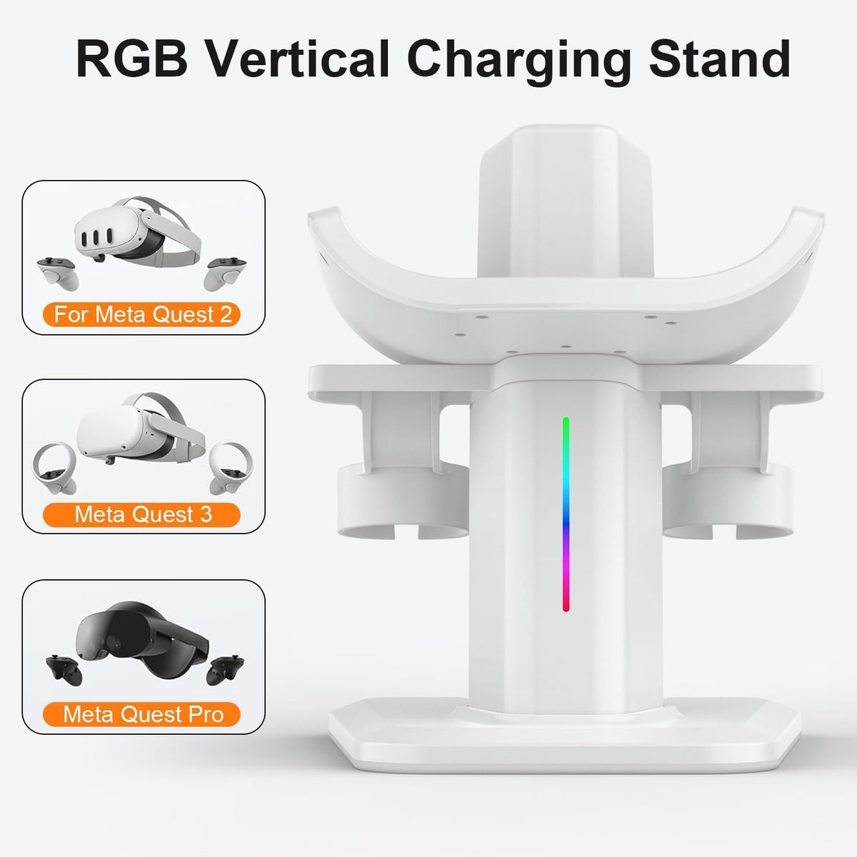 RGB Charging Dock and Vertical Stand for Quest 3S, Quest 3, Quest 2 and Quest Pro, VR Headset Controller Charging Station, White