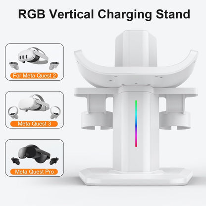 RGB Charging Dock and Vertical Stand for Quest 3S, Quest 3, Quest 2 and Quest Pro, VR Headset Controller Charging Station, White